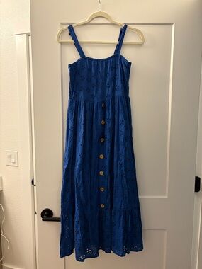 Blue Eyelet Button-Front Maxi Dress